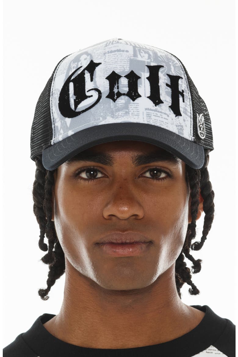 Propaganda Newsprint Logo Trucker Hat, Alternate, color, WHITE