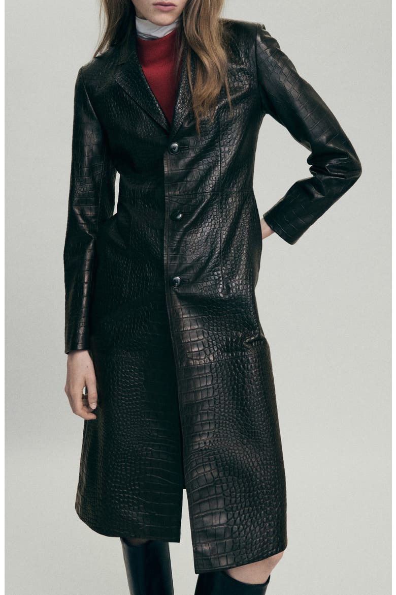 Croc Embossed Leather Coat, Main, color, BROWN