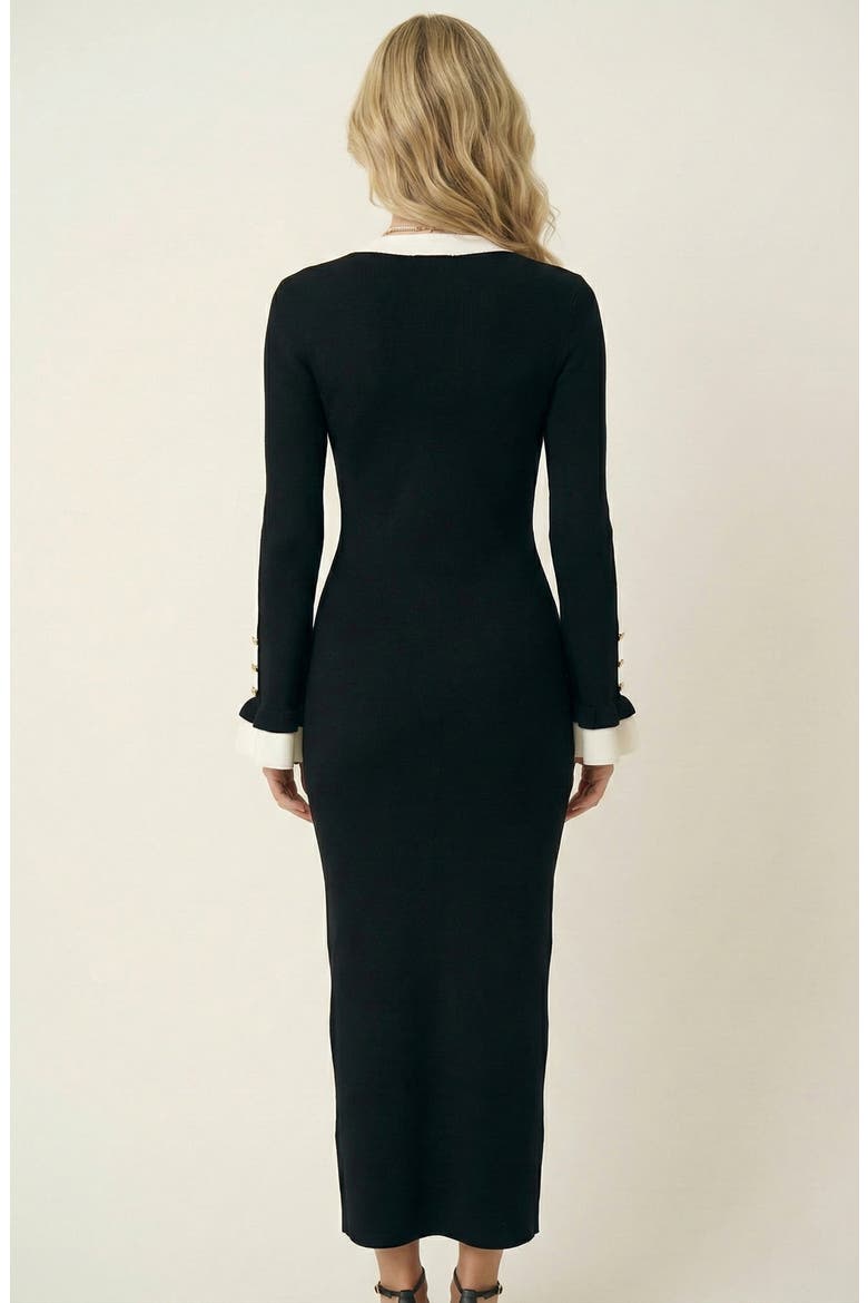 Ribbed Knit Contrast Trim Button Front Midi Dress, Alternate, color, Black / White