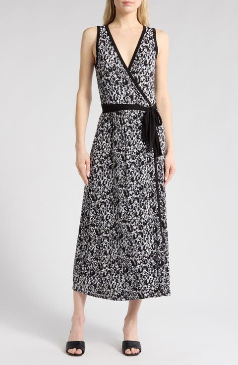 Leopard Spot Sleeveless Faux Wrap Dress
