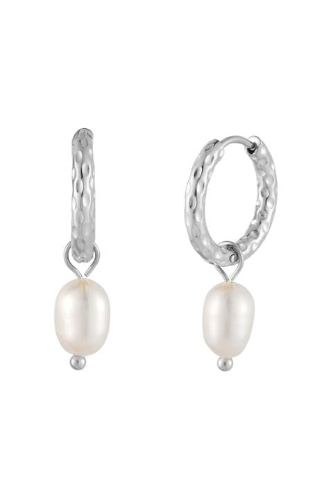 Hammered Pearl Hoop Earrings