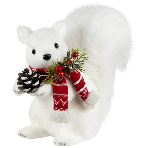 Winter Squirrel with Pinecone and Bell Christmas Figurine - 9" - White
