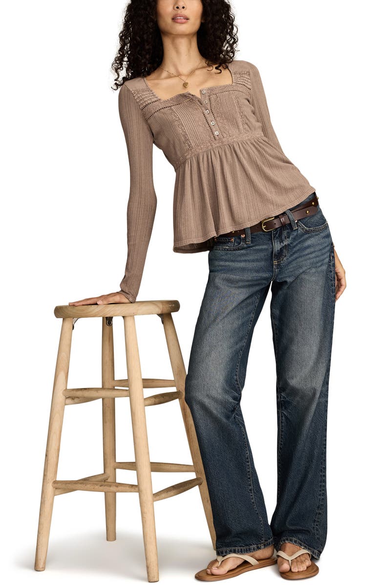 Lucky Brand Embroidered Long Sleeve Peplum Top, Alternate, color, Deep Taupe