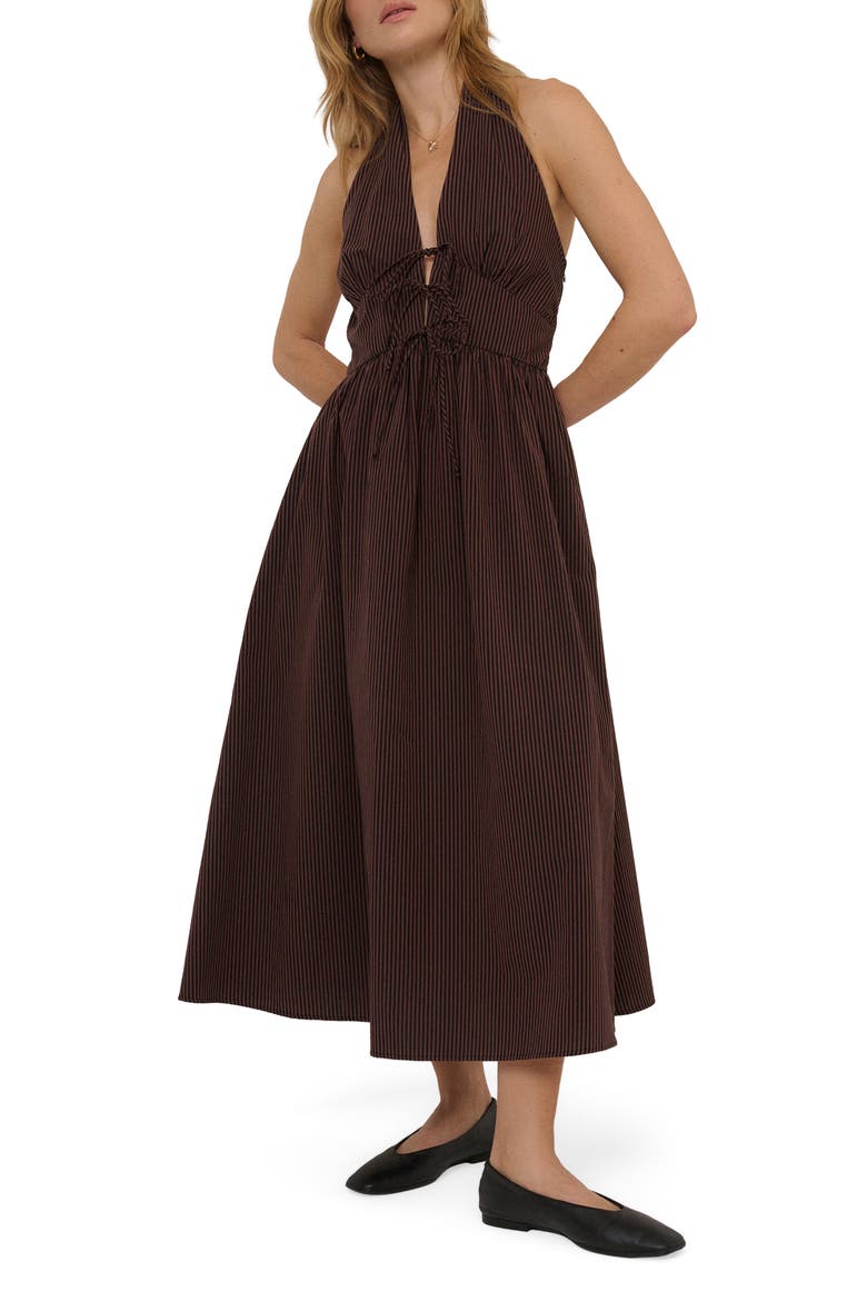 Lilijana Tie Front Halter Organic Cotton Midi Dress, Main, color, BROWN