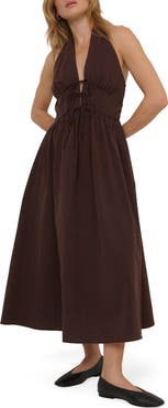 Nobody's Child Lilijana Tie Front Halter Organic Cotton Midi Dress
