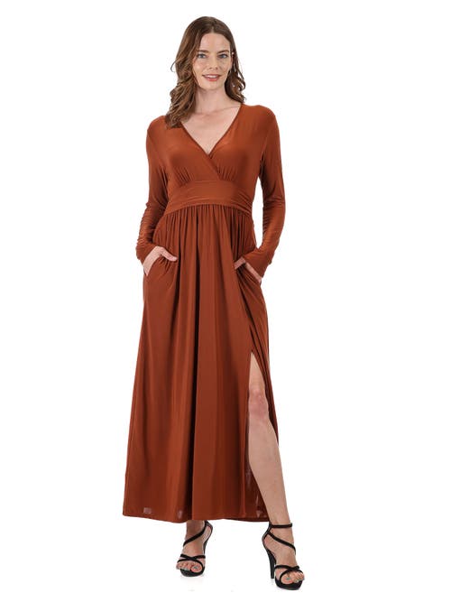 24seven Comfort Apparel Womens Long Sleeve V-neck Side Slit Maxi Dress In Brown