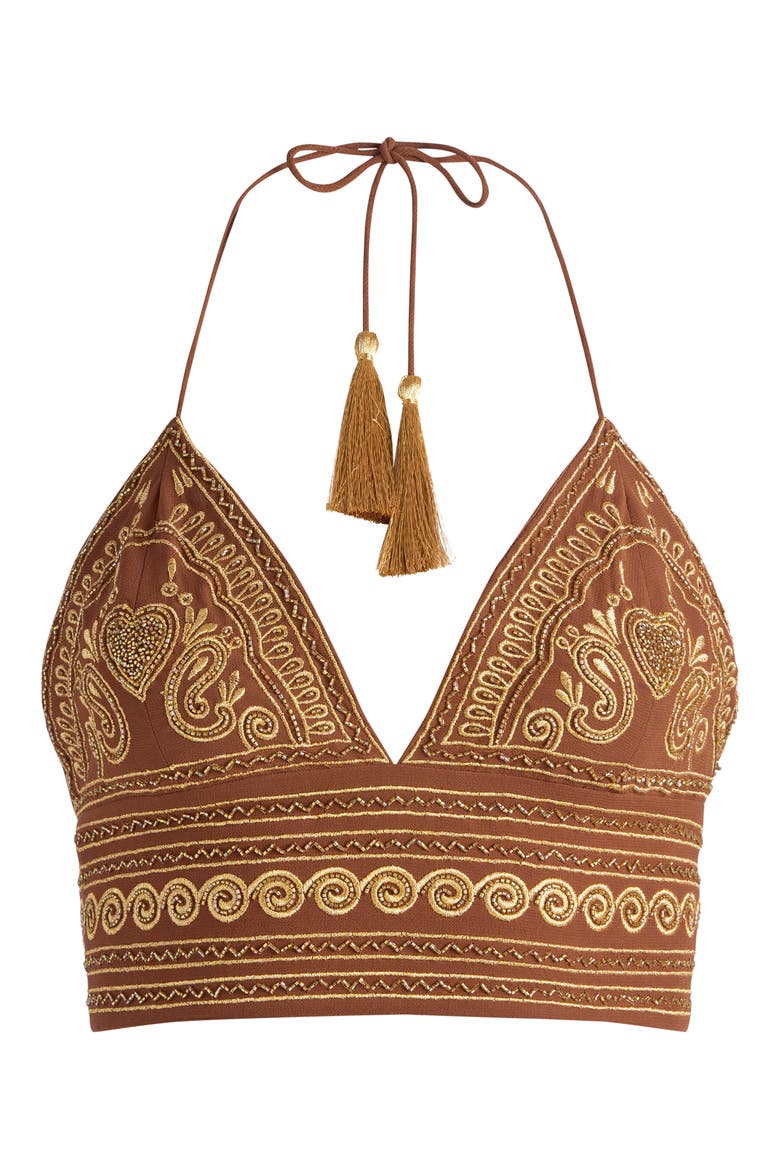 Carli Beaded Embroidered Halter Bra Top, Alternate, color, CAMEL/GOLD