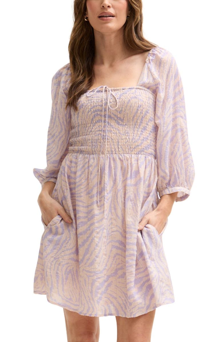 LILY AND LIONEL Lucy Shirred Bodice Banana Check Print Mini Dress, Main, color, Light Pink