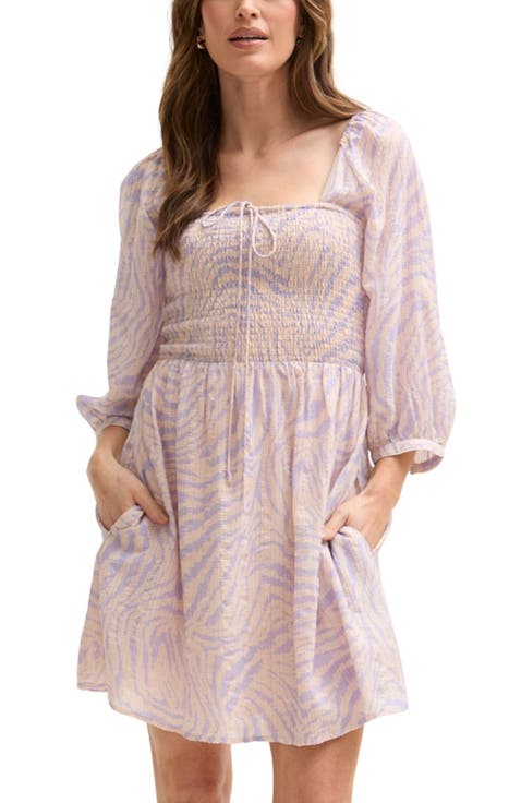 Lucy Shirred Bodice Banana Check Print Mini Dress