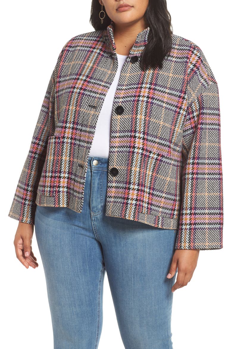 Funnel Neck Jacket, Main, color, PURPLE MULTI PLAID