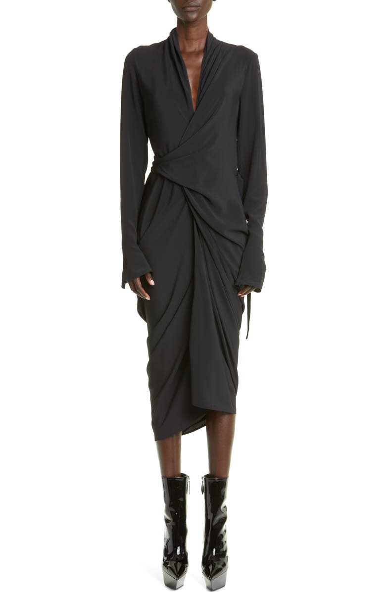 Rick Owens Drape Long Sleeve Wrap Dress, Main, color, 