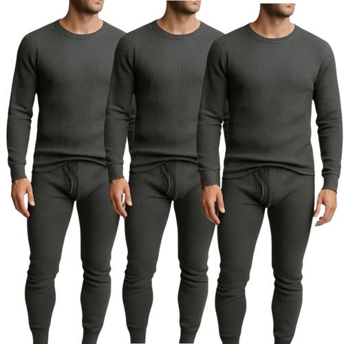 BenBen Men's 3 Pack Waffle Knit Thermal Loungewear Set in Charcoal/charcoal/charcoal 