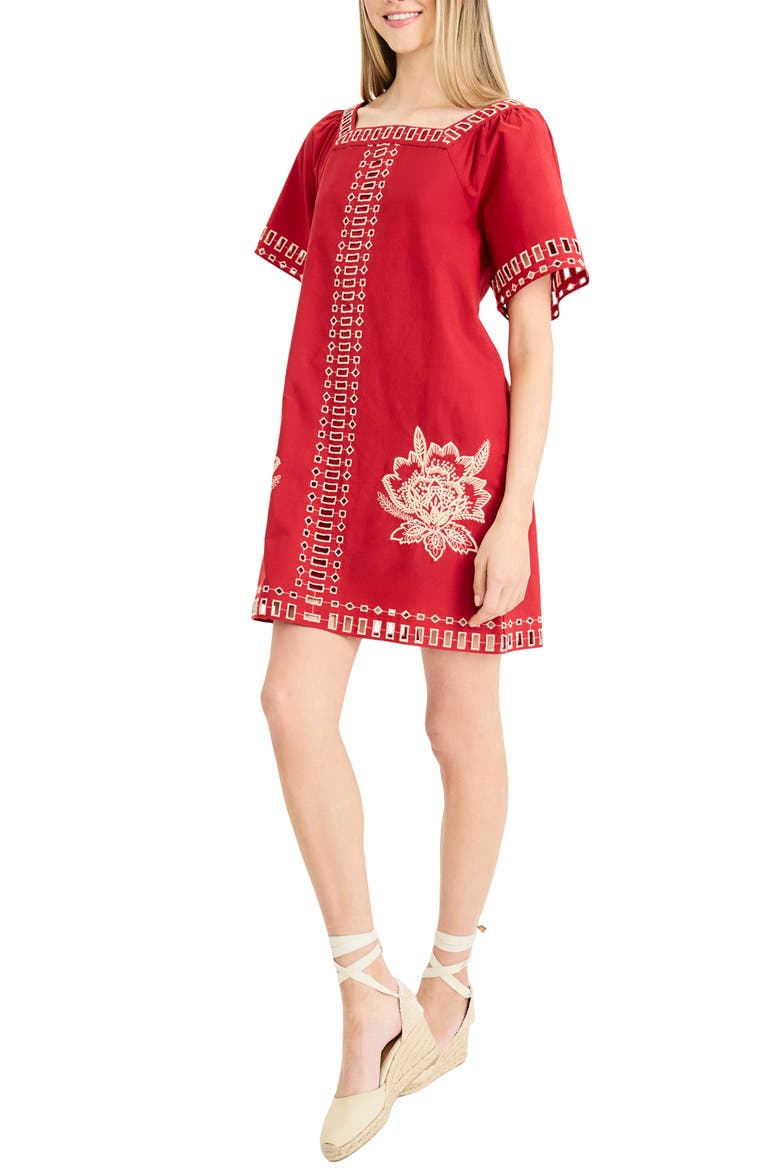 Embroidered Shift Dress, Alternate, color, RED/ BEIGE