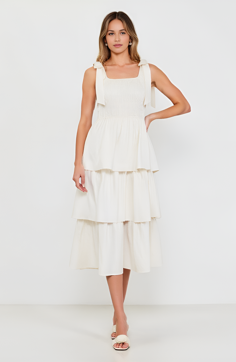 Modenaire Tiered Smocked Midi Dress with Bow-Tie Shoulder Straps, Main, color, White