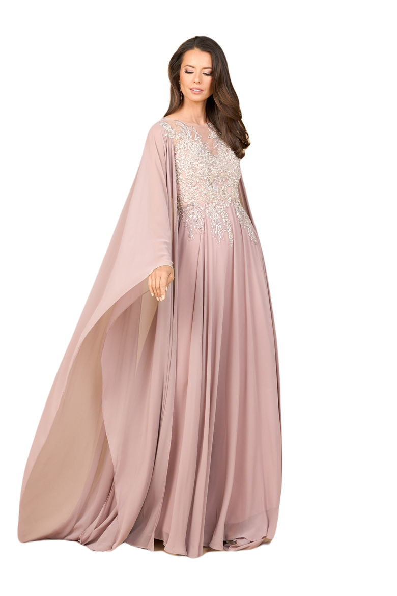 Chiffon A-line Long Gown with Cape Sleeves, Main, color, Dusty Rose