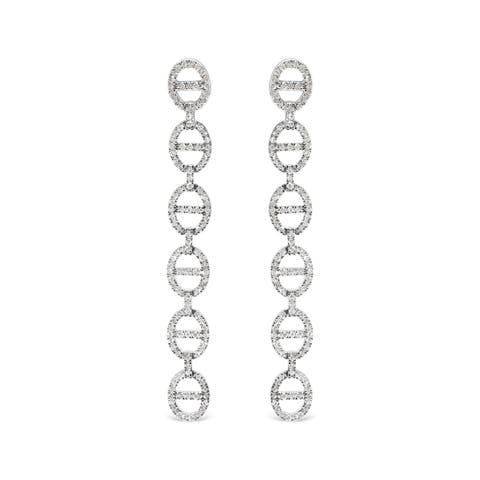 Sterling Silver 1.0 Cttw Diamond Oval Design Dangle Earrings