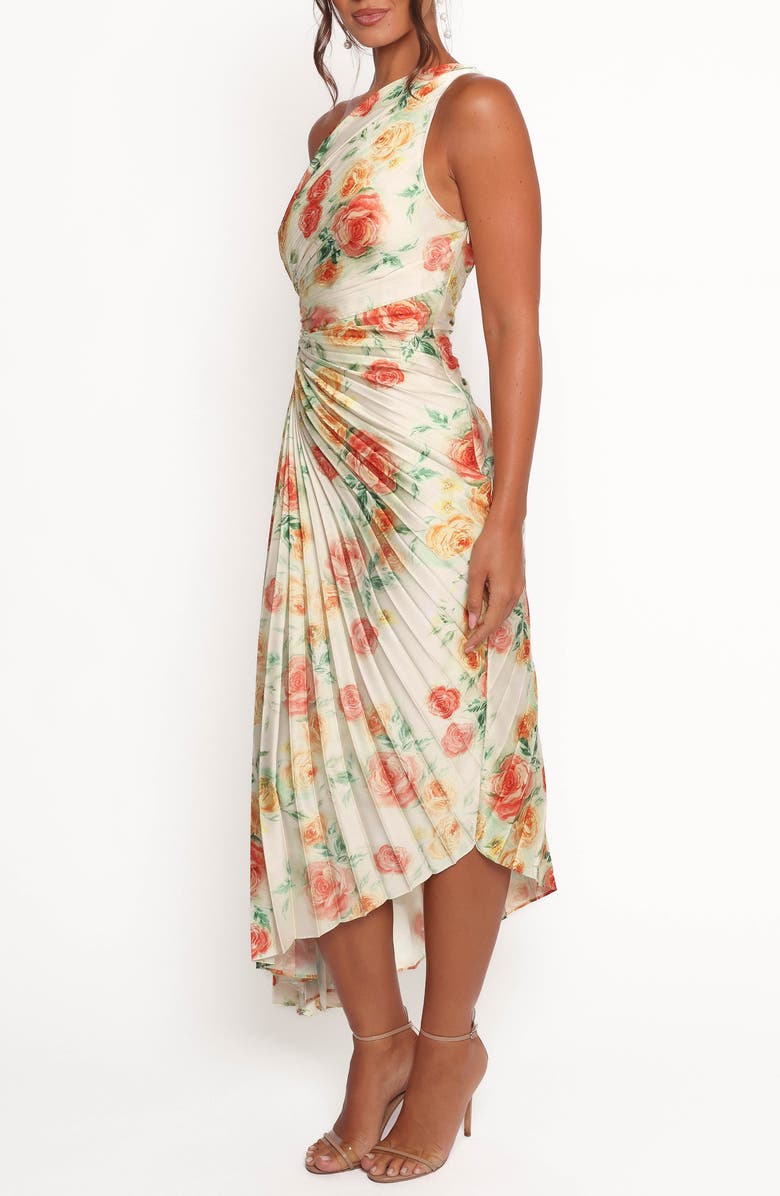 Petal & Pup Kleo Floral Pleated One-Shoulder Satin Cocktail Dress, Alternate, color, Yellow Floral