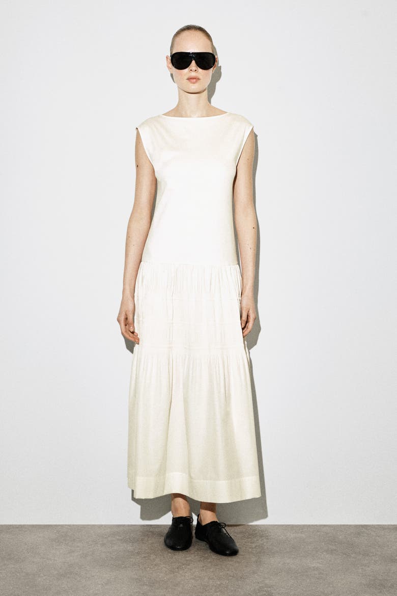 Tiered Gathered Midi Dress, Main, color, WHITE