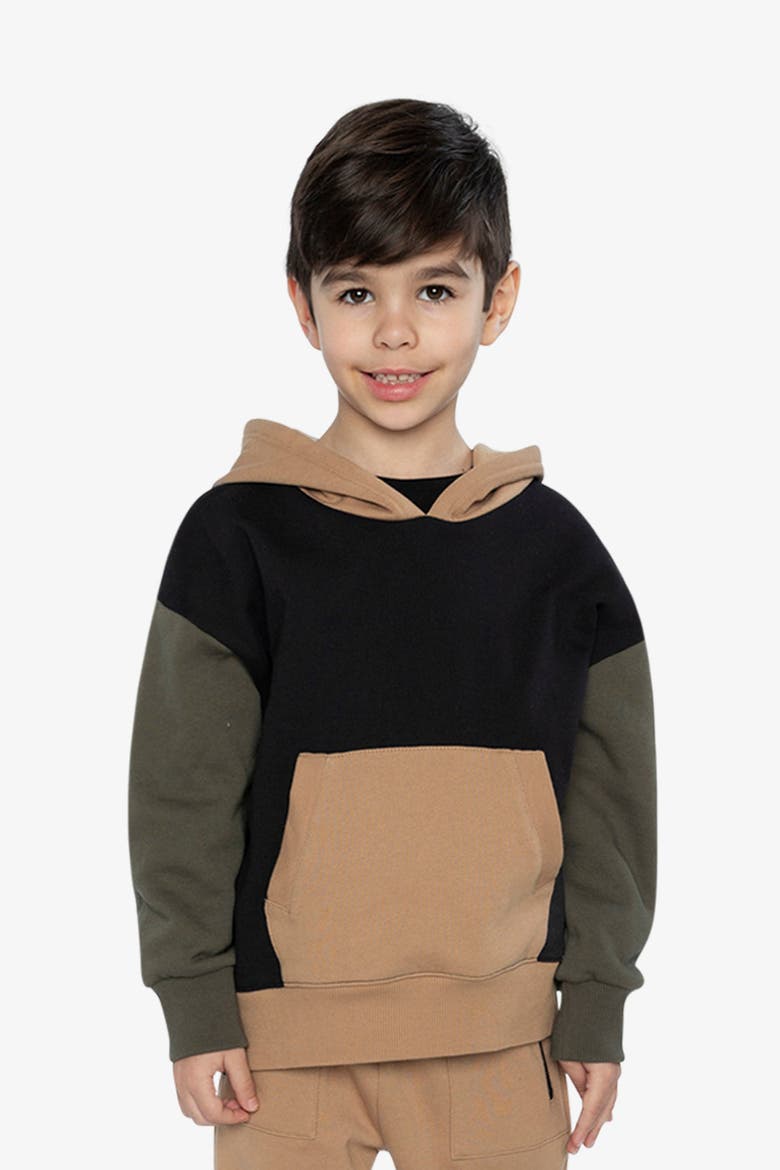 Hooded Colorblock Kangaroo Pocket Fleece Cardigan, Alternate, color, Black, Green and Beige