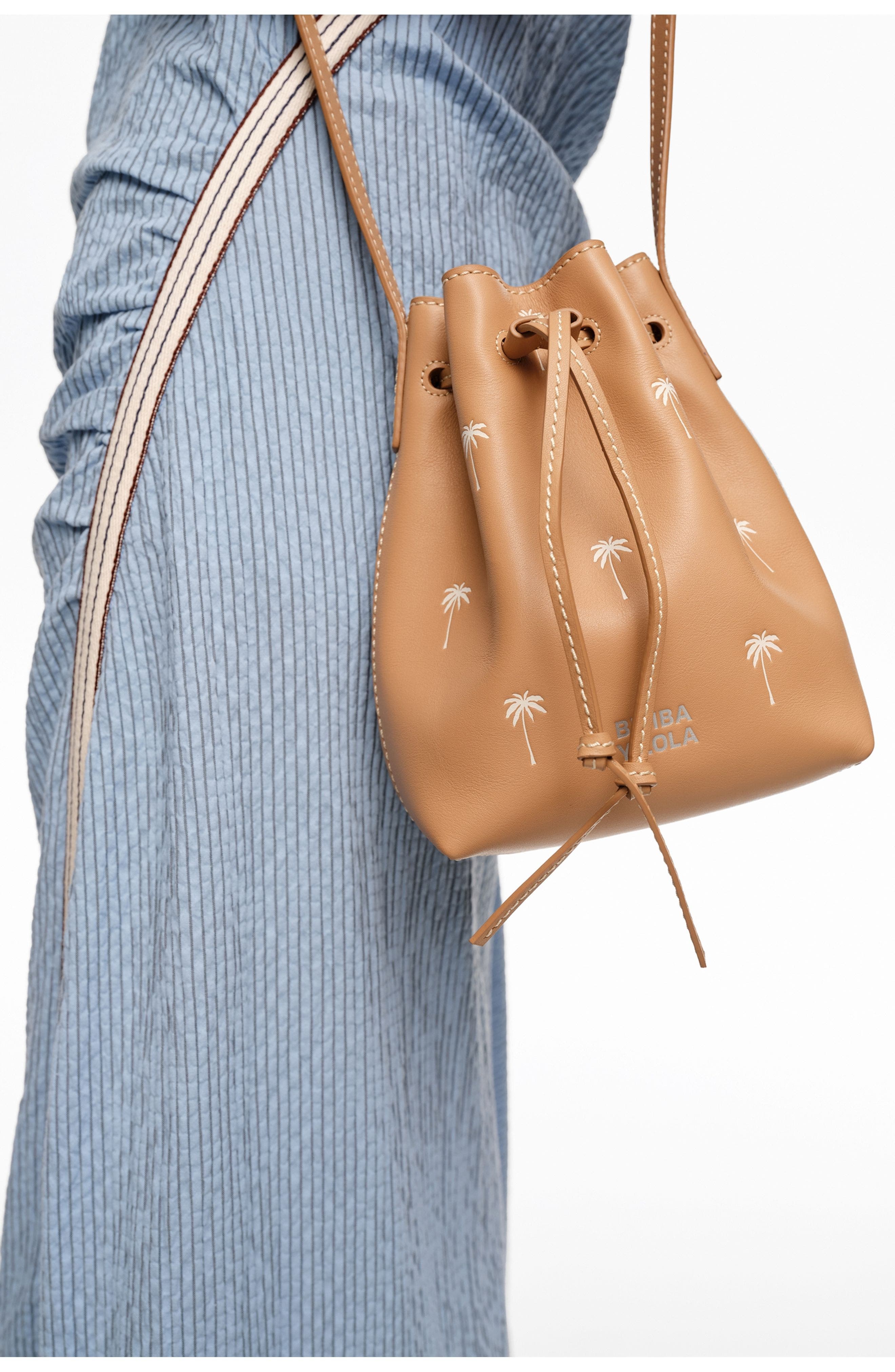 Bimba y Lola Small Palms print leather Carlino bucket bag, Alternate, color, Hazelnut