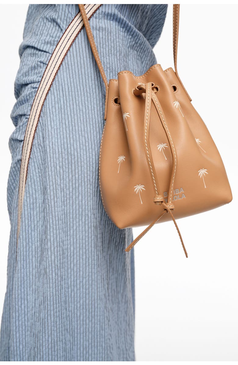 Bimba y Lola Small Palms print leather Carlino bucket bag, Alternate, color, Hazelnut