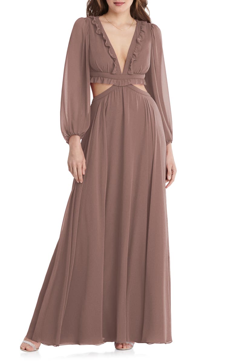 LOVELY Harlow Cutout Detail Long Sleeve Chiffon Gown, Main, color,