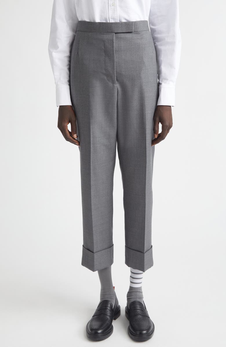 Thom Browne Back Strap Wool Cuff Crop Pants, Main, color, Medium Grey