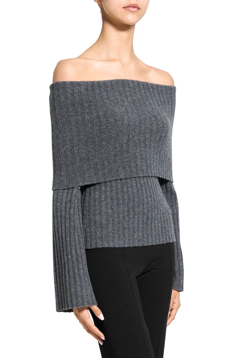 Theory Off the Shoulder Bell Sleeve Merino Wool Blend Sweater, Alternate, color, Charcoal