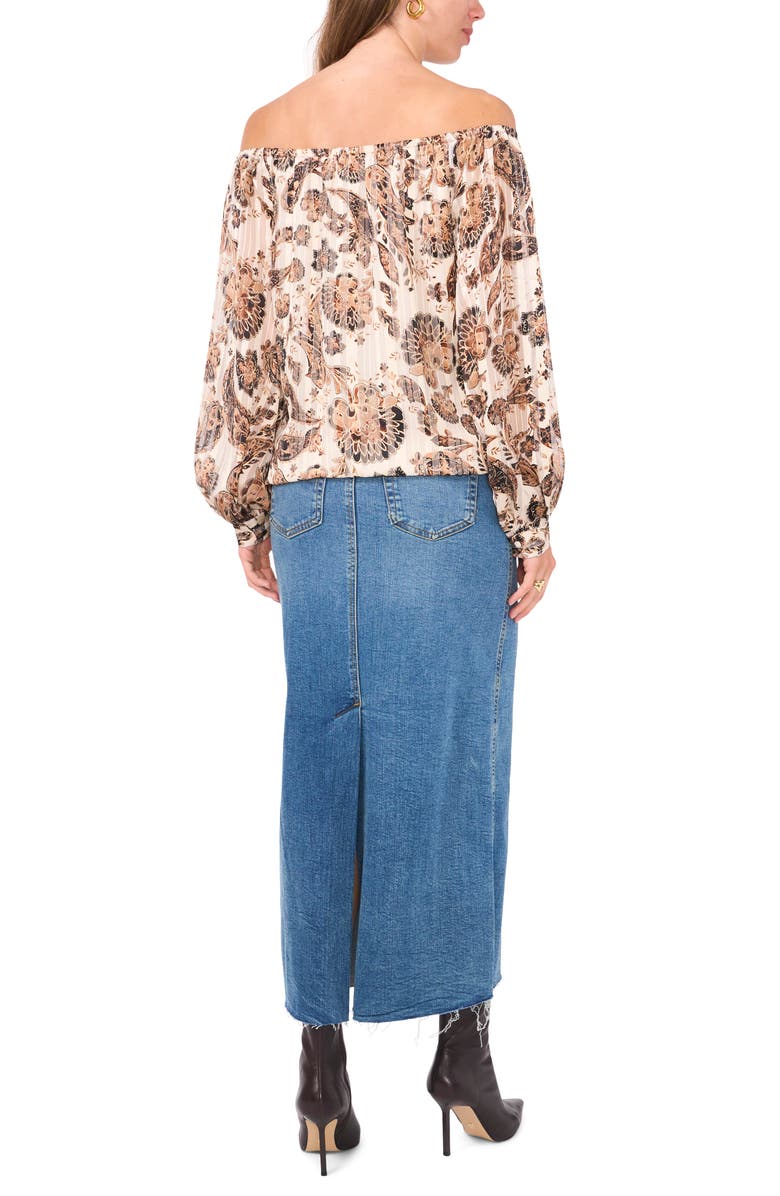 Vince Camuto Metallic Stripe Paisley Off the Shoulder Top, Alternate, color, Cafe Sky