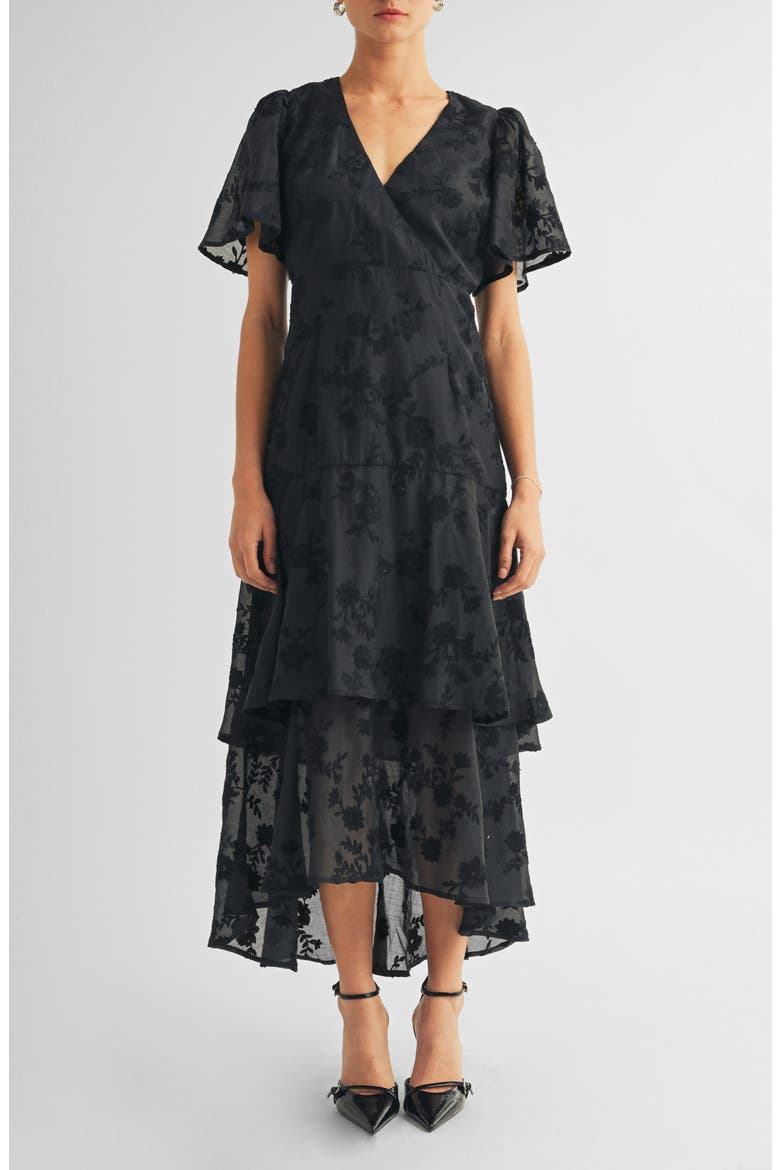Londyn Flutter Sleeve Gown, Main, color, BLACK FLORAL