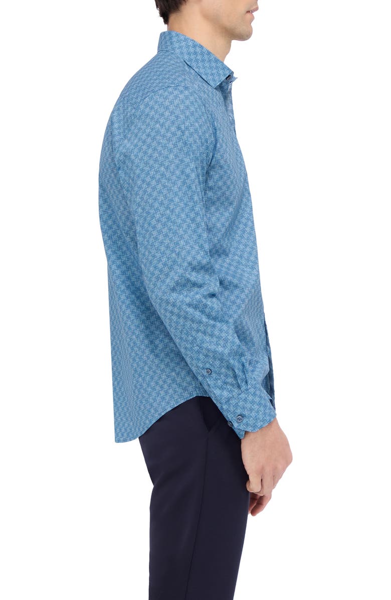 Bugatchi Axel Shaped Fit Geo Print Stretch Cotton Button-Up Shirt, Alternate, color, Dusty Blue