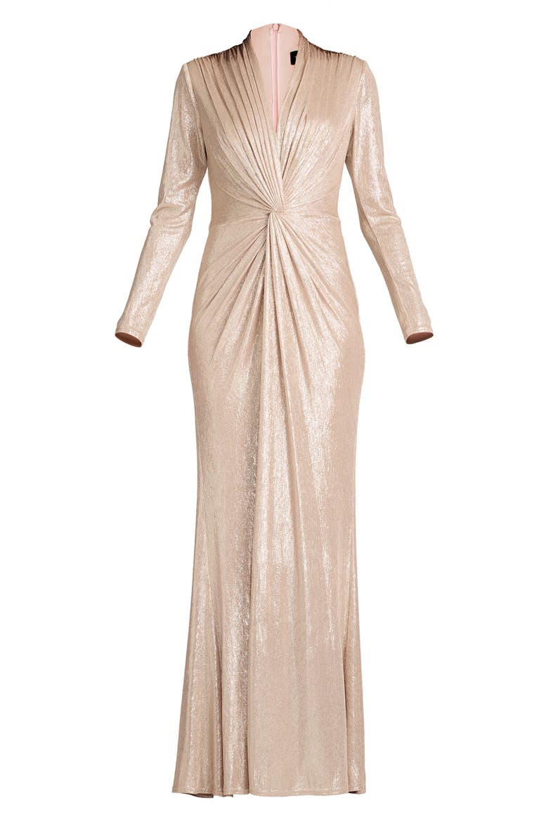 Metallic Long Sleeve Liquid Jersey Gown, Alternate, color, PEBBLE