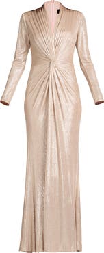 Tadashi Shoji Metallic Long Sleeve Liquid Jersey Gown