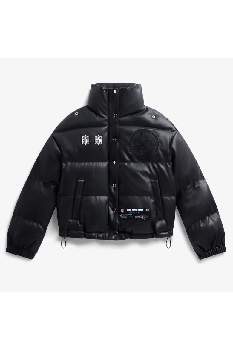 Women's  Black Pittsburgh Steelers Faux Leather Puffer Jacket, Main, color, Black
