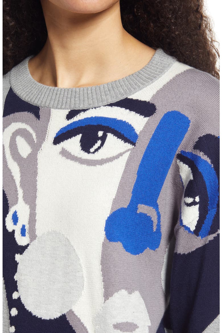 Cristina Martinez Intarsia Design Cotton & Cashmere Crewneck, Alternate, color, GREY PEACE POPPIES