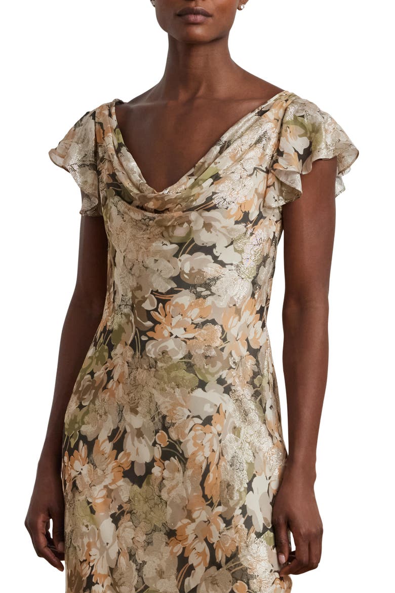Metallic Floral Jacquard Cowl Neck Gown, Alternate, color, GREEN MULTI