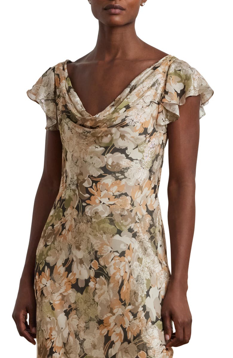 Lauren Ralph Lauren Metallic Floral Jacquard Cowl Neck Gown, Alternate, color, Green Multi