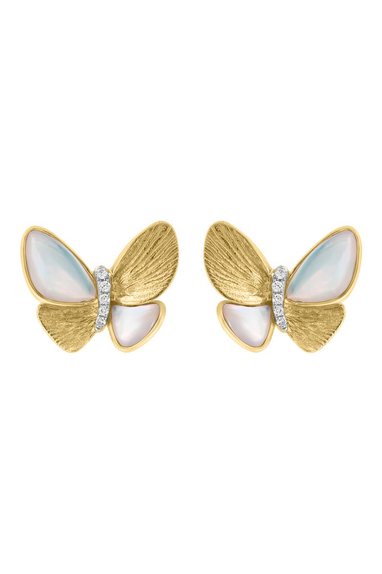Diamond & Mother of Pearl Butterfly Stud Earrings - 0.03ct, Main, color, WHITE