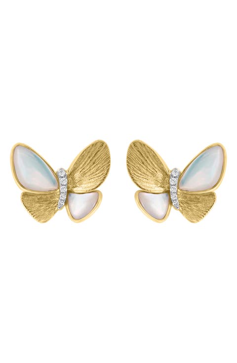 Diamond & Mother of Pearl Butterfly Stud Earrings - 0.03ct