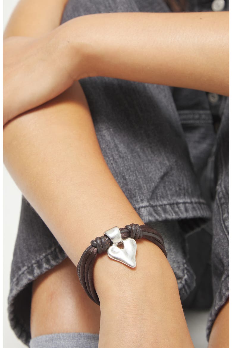 Silk-Effect Thread Blend Bracelet with Brown Leather and Heart Detail, Alternate, color, Silver