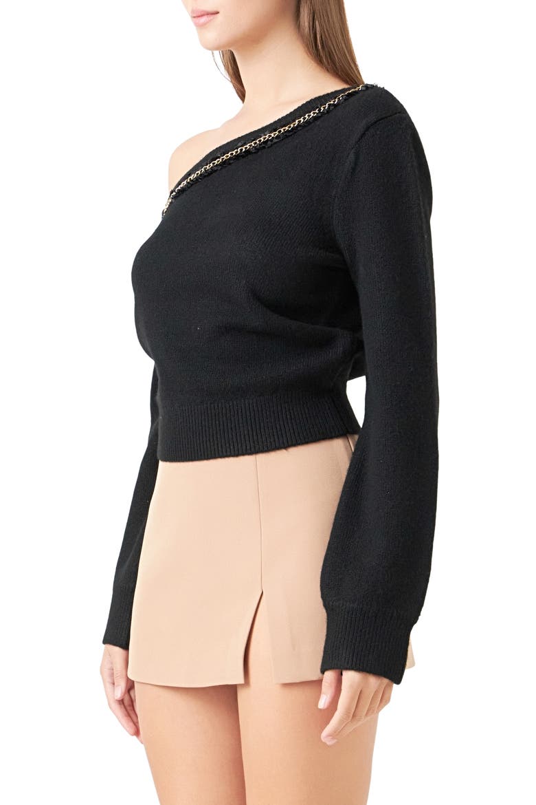 Chain Trim One-Shoulder Sweater, Alternate, color, BLACK