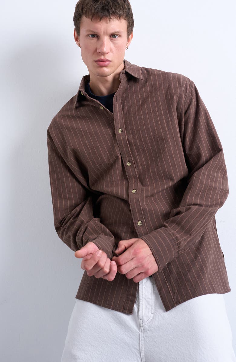 Topman Stripe Oversize Oxford Button-Up Shirt, Main, color, Washed Brown