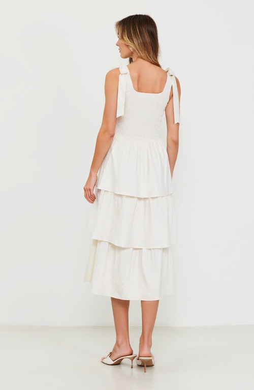 Modenaire Tiered Smocked Midi Dress With Bow-tie Shoulder Straps In White
