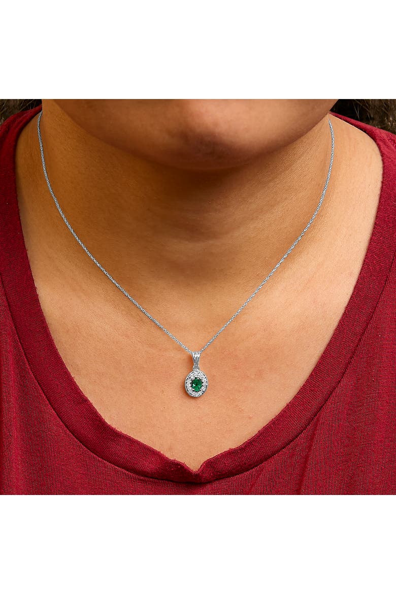 14K White Gold Oval 6x4 MM Green Emerald and Diamond Halo Pendant Necklace, Alternate, color, White