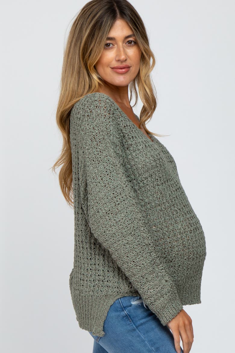 V-Neck Side Slit Thick Knit Sweater, Alternate, color, Olive Green