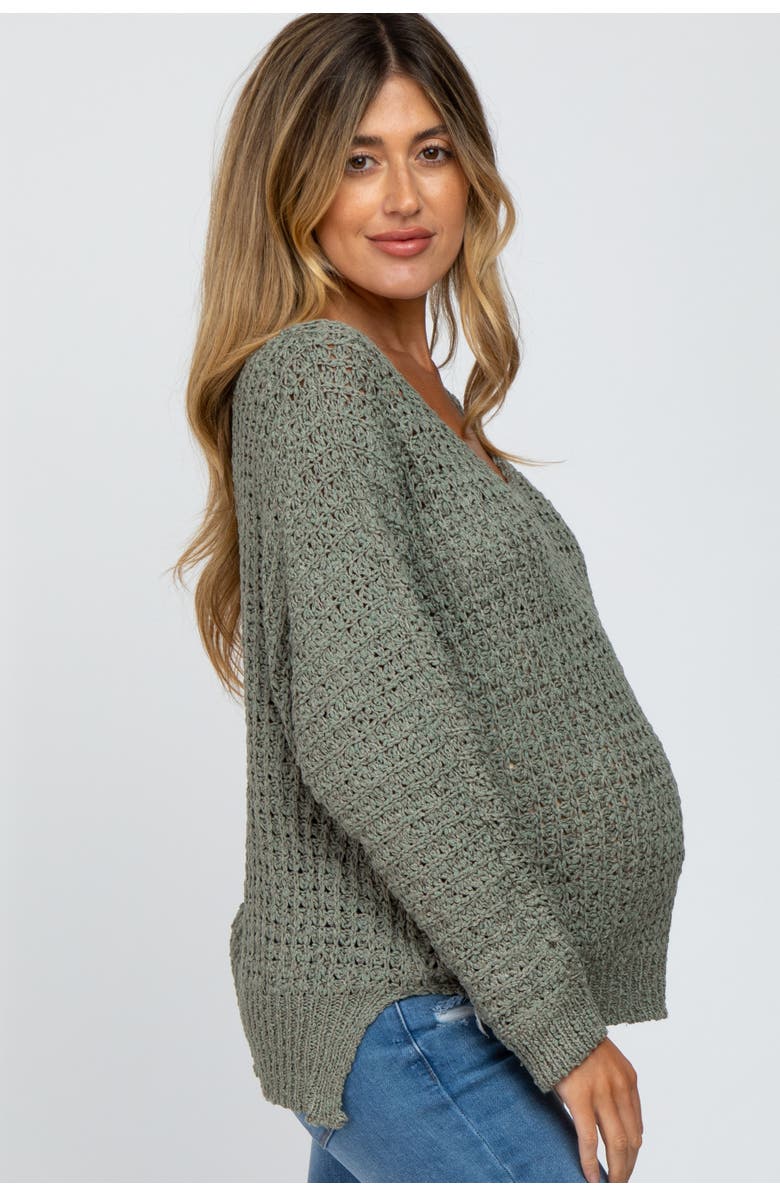 PinkBlush V-Neck Side Slit Thick Knit Sweater, Alternate, color, Olive Green