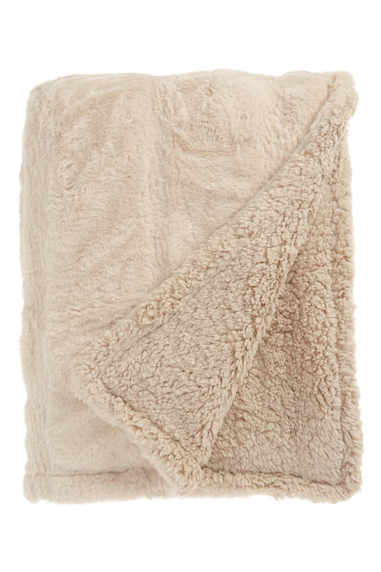 Pintuck Faux Fur Oversize Throw Blanket, Main, color, BEIGE OATMEAL