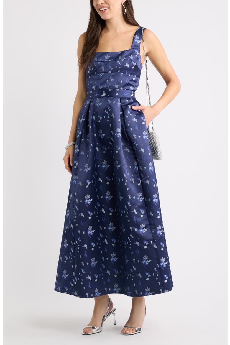 Pleated Seamed Bodice Jacquard Maxi Cocktail Dress, Alternate, color, NAVY BROCADE