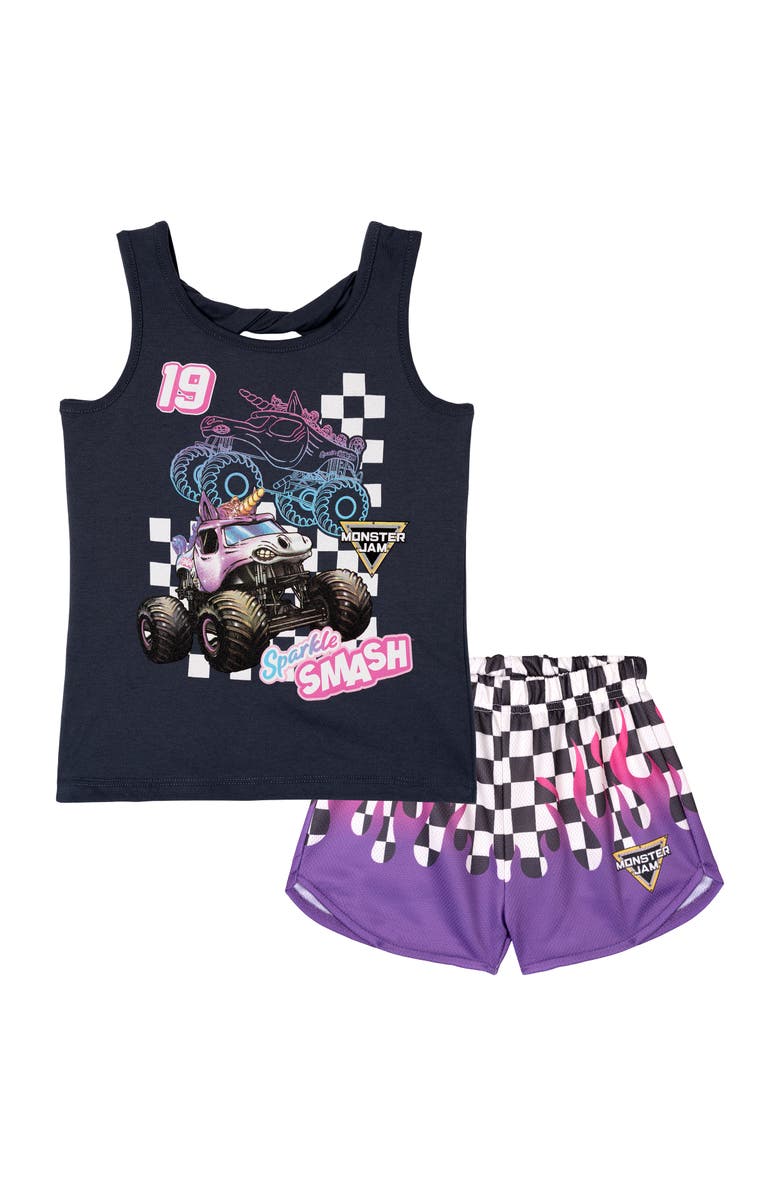 Monster Jam Sparkle Smash Athletic 2-Piece Tank Top and Shorts Set, Main, color, Grey Sparkle Smash