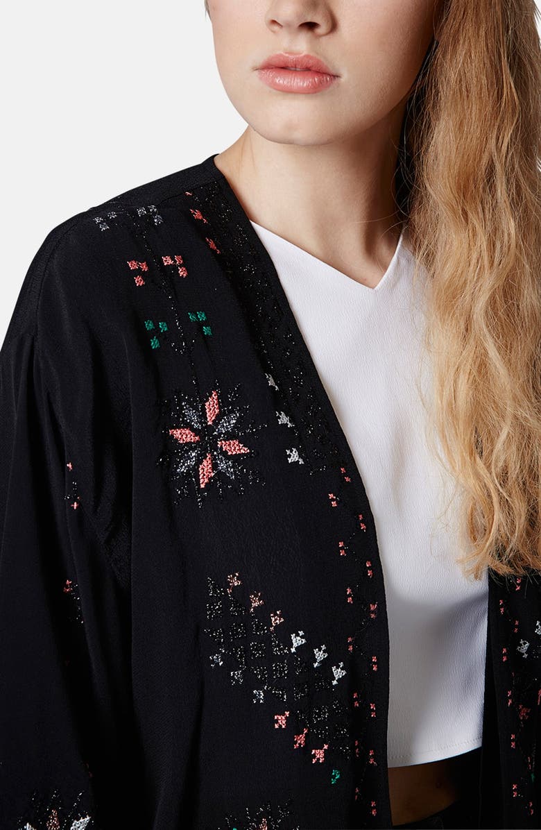 Topshop Embroidered Kimono Jacket, Alternate, color, 